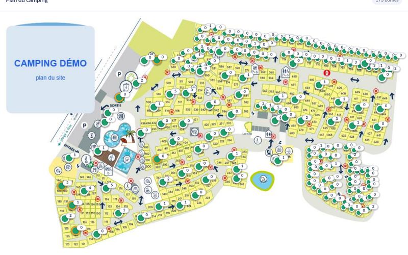 Plan du camping avec les 173 bornes Wi-Fi positionnées, toutes en vert